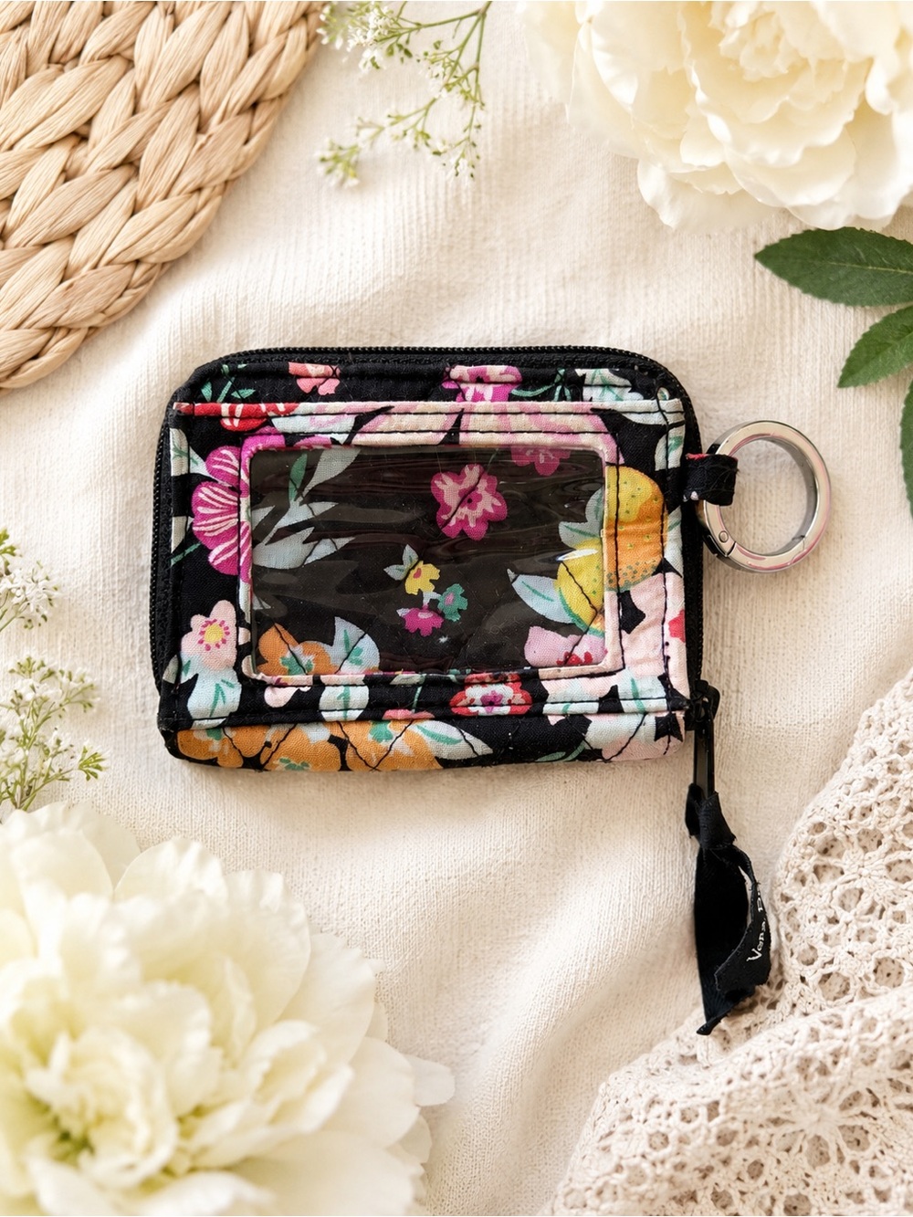 Vera Bradley Floral Zip ID Case Wallet Keychain Black Pink